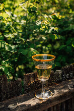 White, Rose Wine In Vintage Gold Rim Glass