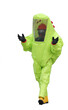 protective suit worn by the person with self-contained breathing apparatus and rubber boots on white background