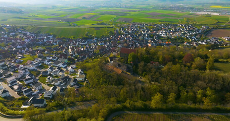 Canvas Print - Old castle with a landscape of vineyards near a Funpark in Germany