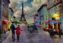 Oil Painting - Rainy Day Paris With Eiffel Tower.Collection Of Designer Oil Paintings. Decoration For The Interior. Modern Abstract Canvas Art. Set Of Pictures. Umbrella. Vintage