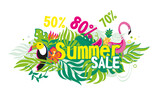 Fototapeta Dinusie - Exotic birds in tropical forest. Summer sales banner. Vector illustration.