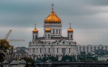 Gloomy Cloudy Sky Over The Cathedral Of Christ The Saviour In Moscow, Russia