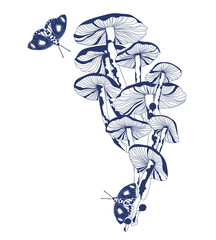 Wall Mural - Print mushrooms and butterflies in vintage style, blue on white