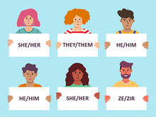 People Holding Signs With Gender Pronouns. She, He, They, Non-binary, Ze. Vector Illustration In Flat Style