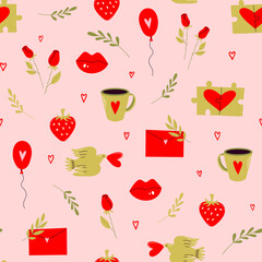 Canvas Print - Seamless vector pattern with funny birds and hearts. Romantic love illustration for textile, fabric, backrgound, wrapping. Valentines day