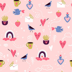 Canvas Print - Seamless vector pattern with funny birds and hearts. Romantic love illustration for textile, fabric, backrgound, wrapping. Valentines day