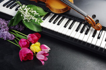 Wall Mural - Synthesizer keyboard, violin and bouquet of lilies of the valley and tulips. 