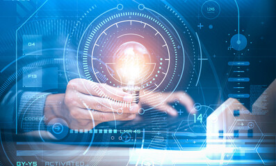 Poster - Businessman hand holding light bulb with Technology network connection line on planning strategy, analysis solution and development, Concept creative new idea and innovation with Brain and light bulbs