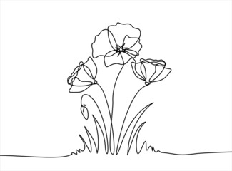 Wall Mural - Poppy flowers in continuous line art drawing style. Minimalist black linear design isolated on white background. Vector illustration with quote template.