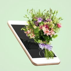 Canvas Print - Flowers appearing from phone screen on background. Concept of online shopping. Online order and delivery.