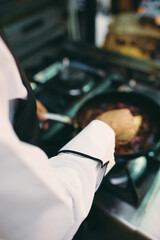 Wall Mural - Close up of female chef cooking meal at restaurant kitchen.