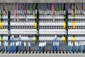 Poster - Color wires in a box of distribution of an electricity, PLC Control panel with wiring, lectric control panel enclosure for power and distribution electricity.