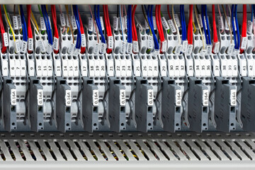 Poster - Color wires in a box of distribution of an electricity, PLC Control panel with wiring, lectric control panel enclosure for power and distribution electricity.