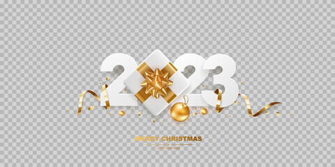 Happy New Year 2023. White paper numbers with golden ribbons, gift box and confetti, isolated on transparent background.