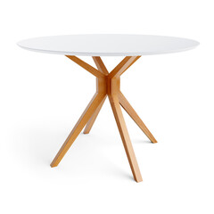 Poster - Round wooden table with a white counter. Dining table isolated on white background. Clipping path included. 3D render. 3D illustration.