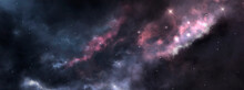 Abstract Fantastic Space Of The Universe. Space Background With Nebula And Stars. Dark Space Background With An Unknown Planet, Flashes Of Light In Space. 3d Illustration