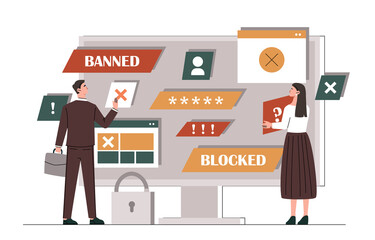 Poster - hacker cyber attack concept. young man and woman standing in front of computer screen and surprised 