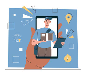 Poster - online delivery service concept. large hand holds smartphone with courier peeking out of screen. mal