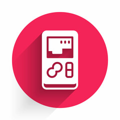 Poster - White Portable video game console icon isolated with long shadow background. Handheld console gaming. Red circle button. Vector