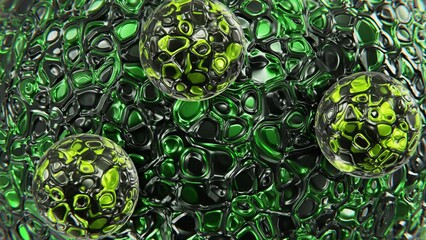 Wall Mural - Realistic satisfying looping 3D animation of the reptile skin textured green metallic sphere with orbital rolling small spheres as satellites rendered in UHD as motion background