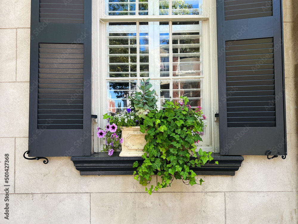 A window planter box seen in the historic district of Savannah, Georgia ...