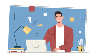 Poster - freelance or studying concept. young smiling man sitting at his workplace and doing project on lapto