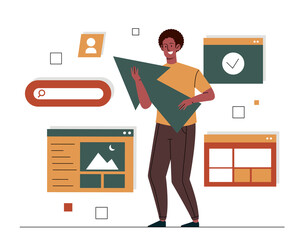 Poster - Web UI UX design concept. Young creative man holds mouse cursor in his hands and develops stylish user interface layout for website or application. Cartoon contemporary flat vector illustration