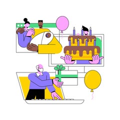Poster - Online family party abstract concept vector illustration. Virtual home party, parents and kids, happy family gathering in zoom, web video call, distance communication, holiday abstract metaphor.