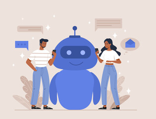Poster - ai robot assistant concept. young man and woman communicate with each other using digital chatbot ap