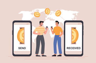 Poster - International money transaction concept. Young men with smartphones in their hands send and receive money in different parts of world. Financial operation online. Cartoon flat vector illustration