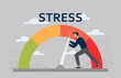 Reducing stress levels concept. Young overworked male employee with emotional burnout pushes arrow and reduces depression. Entrepreneur solves psychological problems. Cartoon flat vector illustration