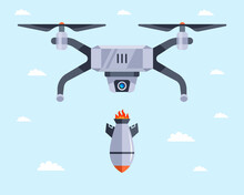Military Drone Drops Aerial Bombs. Unmanned Aerial Vehicle. Flat Vector Illustration.