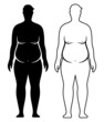Vector set of overweight man black silhouette and outline. Fat male body isolated on background.