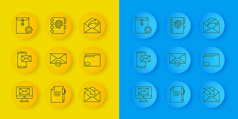 Poster - Set line Monitor and envelope, Mobile, Delete, Envelope, Document folder, setting, Outgoing mail and Address book icon. Vector