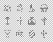 Set Line Christian Chalice, Cross, Burning Candle In Candlestick, Speech Bubble With Happy Easter, Egg, Easter And Icon. Vector