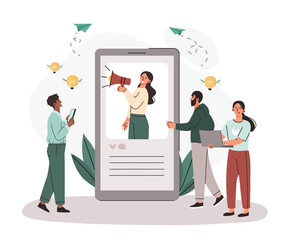 Poster - social media or network promotion. woman with megaphone looks out of smartphone and attracts new use