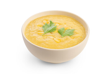 Corn soup in white bowl on white background.