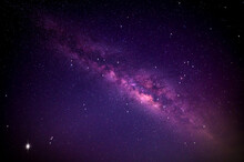 Purple  Night Sky Milky Way And Star On Dark Background.Universe Filled With Stars, Nebula And Galaxy With Noise And Grain.Photo By Long Exposure And Select White Balance. 