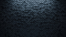 Futuristic Tiles Arranged To Create A Semigloss Wall. 3D, Fish Scale Background Formed From Black Blocks. 3D Render