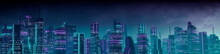 Cyberpunk City Skyline With Purple And Cyan Neon Lights. Night Scene With Visionary Superstructures.
