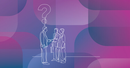 Poster - continuous line drawing of three businessmen with a question