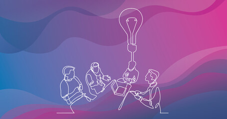 Poster - continuous line drawing of team discussion new idea