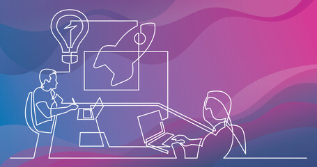 Poster - continuous line drawing of startup brainstorming session