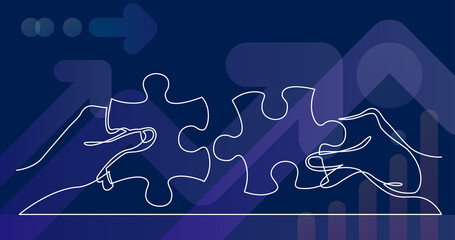 Poster - continuous line drawing of two hands with puzzle pieces connecting together