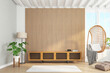 Cabinet wood for tv on the wood slat wall in living room with hanging chair, minimalist modern. 3d rendering