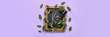 Chalkboard With Letter K, Bottle Of Pills, Broccoli And Spinach Leaves On Lilac Background With Space For Text