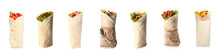 Set Of Tasty Mexican Burritos On White Background