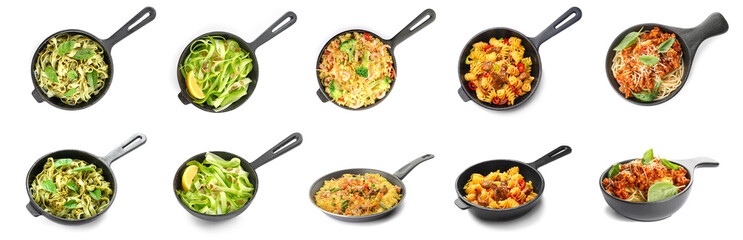 Set of frying pans with tasty cooked dishes on white background