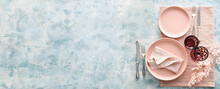 Beautiful Table Setting With Floral Decor On Light Blue Background With Space For Text