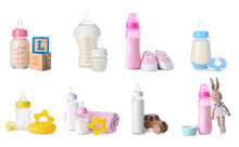 Set Of Bottles For Baby And Toys Isolated On White